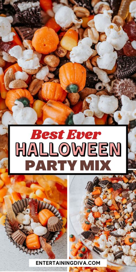 Spooktacular Halloween Snack Mix with popcorn, perfect for a fun Halloween party! This Halloween popcorn snack mix is the perfect for kids or a Halloween party dessert. Halloween Popcorn Mix Easy, Halloween Popcorn Bar, Halloween Trail Mix Recipe, Halloween Popcorn Mix, Halloween Trail Mix, Halloween Party Mix, Homemade Halloween Treats, Halloween Party Desserts, Candy Corn Recipe