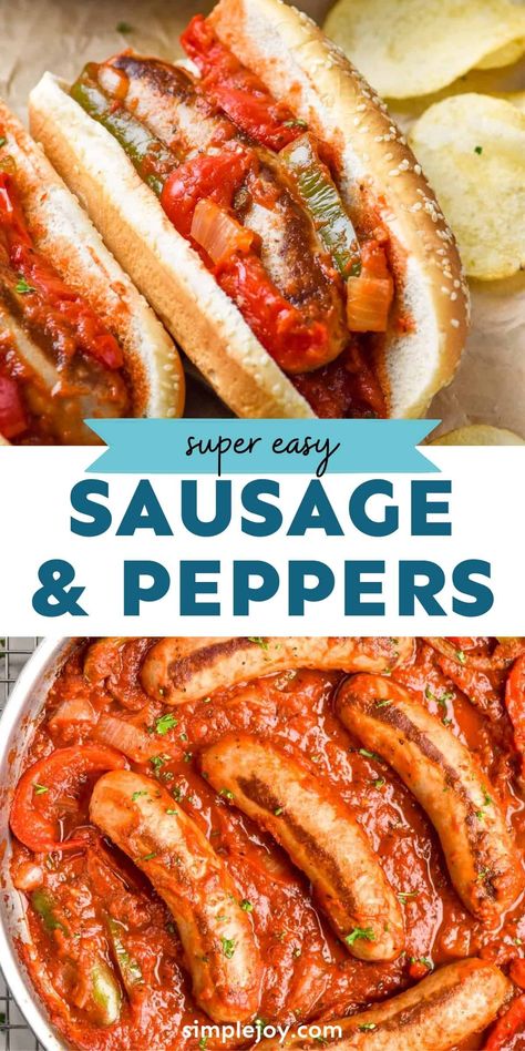 Sausage and Peppers is an easy weeknight dinner or the perfect game day meal. This recipe comes together with simple ingredients and is done in under 30 minutes! Easy Sausage And Peppers Skillet, Sausage Onions And Peppers Skillet, Hot Sausage And Peppers Recipes, Sauce For Sausage And Peppers, Sausage Dogs With Peppers And Onions, Sausage Peppers And Onions In Tomato Sauce, Sausage Peppers And Onions Sandwich, Best Sausage And Peppers Recipe, Brats And Peppers And Onions