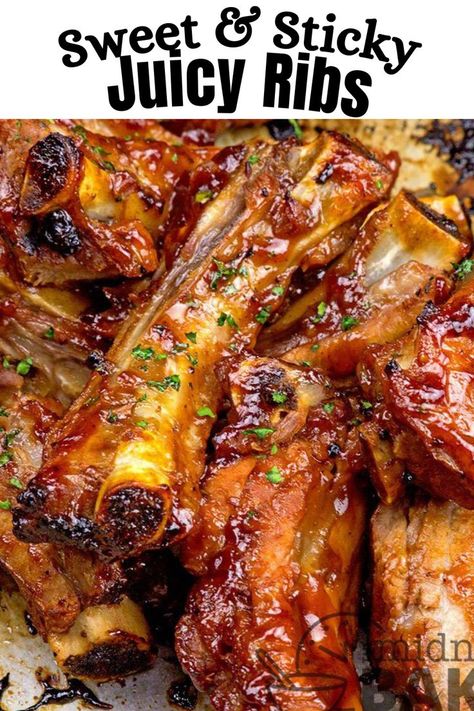 Juicy sweet and sticky ribs are easy to make for your summer grilling pleasure Leftover Ribs, Sticky Ribs Recipe, Pork Spare Ribs Recipe, Sticky Pork Ribs, Sticky Ribs, Bbq Recipes Ribs, Beef Ribs Recipe, Crockpot Ribs, Beef Short Rib Recipes