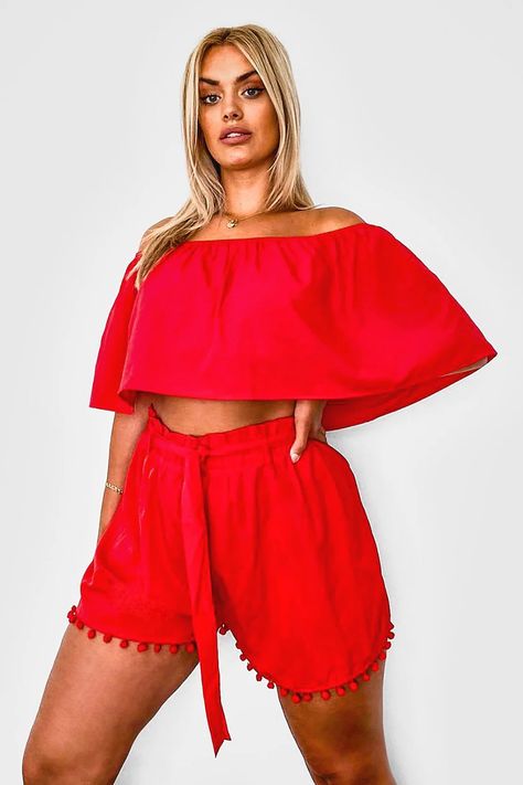 Plus Off Shoulder Pom Pom Short Two-Piece | boohoo Winter Lounge, Pom Pom Shorts, Two Piece Outfits, Bollywood Hairstyles, Plus Size Two Piece, Shorts Co Ord, Co Ords, Skirt Sets, Fashion Face Mask