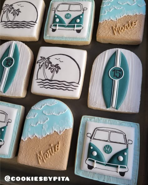 Custom Cookies, sugar cookies, beach cookies Surfer Cookies Decorated, Surf Cookies Decorated, Surf Board Cookies, Surfer Cookies, Surf Cookies, Aesthetic Jeep, Tropical Cookies, Up Cookies, Angel Wedding