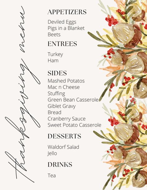 Thanksgiving Food Menu List, Low Key Thanksgiving Dinner, Thanksgiving Day Itinerary, Thanksgiving Menu Black People, Friendsgiving Dinner Menu Ideas, Friends Giving Food List, Basic Thanksgiving Dinner, Host Thanksgiving First Time, Thanksgiving Menu Cards