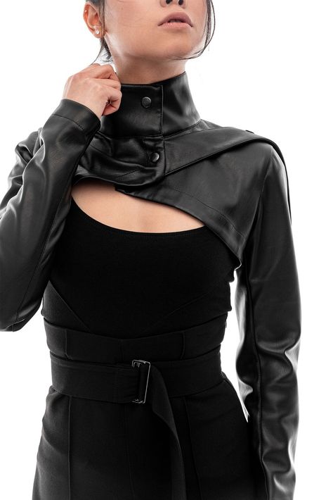 Elevate any outfit with a hint of daring. This black bolero shrug leather jacket for women adds a touch of intrigue to your look. #WomensFashion #BlackLeatherJacket #EdgyElegance #springoutfit All Leather Costume, Corset Dress Leather Jacket, Motorcycle Jacket Scarf, Female Leather Armor Dress, Leather Costumes For Women, Black Superhero Suit Female Skirt, Short Front Long Back Jacket, Womens Assasin Costume, Leather Bolero