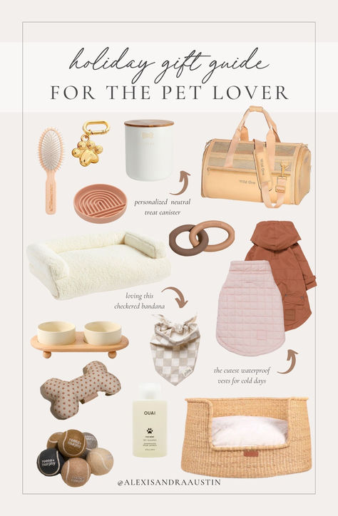 Holiday gift guide for the pet lover! Loving these neutral details that will blend into any space Holiday gift guide, Christmas guide, pet finds, for the dogs, neutral pet home, dog vest, marble dog bowl, wicker pet bed, pet carrier, bandana finds, neutral pet accessories, dog tag, neutral Christmas vibes, Wild One, Reese and Murphy, Amazon, Pottery Barn, shop the look! Mini Goldendoodle Accessories, Birthday Gifts For Dog, Dog Stuff Storage Ideas, Neutral Dog Toys, Dog Bowls Aesthetic, Doggie Christmas Gifts, Aesthetic Dog Essentials, Dog Setup Ideas, Aesthetic Dog Set Up