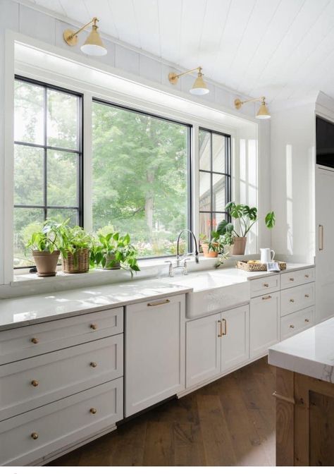 Kitchen Interior Window Ideas, Shelf Window Kitchen, Large Window In Front Of Kitchen Sink, Long Kitchen Windows Above Sink, Kitchen Sink Over Window, Kitchen Windows Instead Of Upper Cabinets, Kitchen Sink Facing Window, Sink At Window Kitchen, Kitchen With Windows Above Cabinets