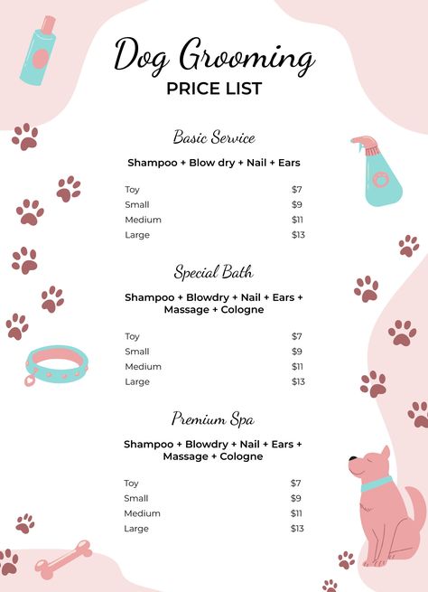 Dog Grooming Templates, Dog Grooming Forms, Dog Grooming Price List Template, Pet Grooming Price List, Starting A Dog Grooming Business, Dog Grooming Prices, Pet Grooming Shop Ideas, Dog Grooming Signs, Grooming Dogs Salon