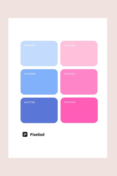 This palette features soft blues paired with vibrant pinks, creating a harmonious and cheerful aesthetic. The gentle blues evoke calmness, while the bright pinks add a playful touch. Ideal for Mobile/Web UI, branding, typography, and illustrations. Soft Bright Color Palette, Pink And Blue Colour Palette, Blue Pink Palette, Pink Blue Color Palette, Blue Pink Color Palette, Blue And Pink Palette, Pink Color Pallet, Blue And Pink Color Palette, Flamingo Aesthetic