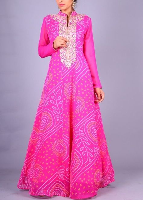 Pink bandaj print gown full length all customers size available on order make order to whatapp +919214873512 Bandhani Dress, Long Gown Design, Long Gown Dress, Dress Neck Designs, Indian Gowns Dresses, Indian Gowns, Boutique Dress Designs, Party Wear Indian Dresses, Blouse Work