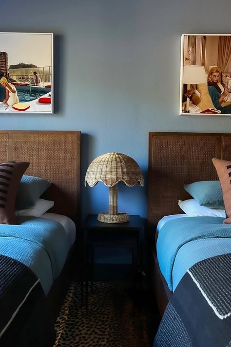 Mid century modern, casita, blue bedroom, twin room, retro, wicker lamp, pool house design, blue bedding Blue Bedroom Mid Century Modern, Mid Century Coastal Bedroom, Modern Casita, Baby Blue Bedrooms, Bedroom Mid Century, Mid Century Coastal, Pool House Design, Wicker Lamp, Twin Room