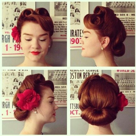 CHANDRA - Victory Rolls Updo, I'm liking this updo :) Victory Roll, Vintage Bangs, Retro Updo, 40s Hairstyles, 50s Hairstyles, Victory Rolls, 1940s Hairstyles, Pin Up Vintage, Rockabilly Hair