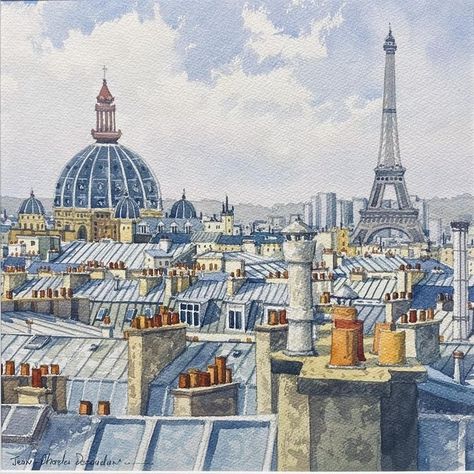 Painting Paris, Paris Rooftops, Paris Illustration, Paris Painting, Art Corner, Rooftops, Contemporary Artwork, Watercolor Landscape, Unique Artwork