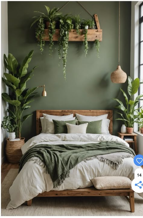 Kamar Hijau Sage, Wall Decor Green Bedroom, Sage Green And Burnt Orange Bedroom Ideas, Botanical Boho Bedroom, Green And Wooden Bedroom, Apartment Decorating Green, Boho Guest Room Ideas, Small Green Bedroom Ideas, Sage And Brown Bedroom