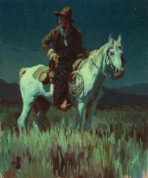 3,027 Likes, 48 Comments - Mark Maggiori (@markmaggiori) on Instagram: “"A Murmur In The Montana Night". Oil on canvas. 9x11 inches. This will be my miniature piece for…” Midnight Cowboy, Western Artwork, Arte Peculiar, Western Paintings, West Art, Cowboy Art, Arte Fantasy, White Horse, Western Art