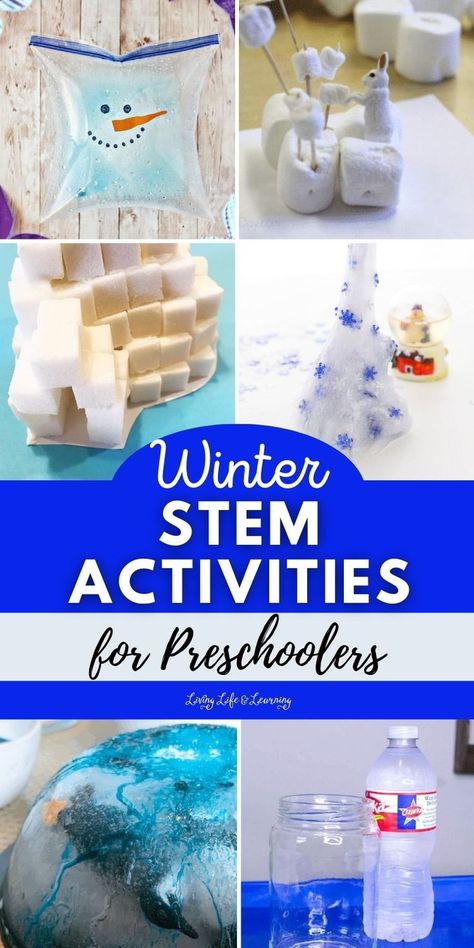 Winter STEM Activities for Preschoolers Winter Science Activities Preschool, Winter Stem Activities For Kids, Stem Activities For Preschoolers, Experiments For Preschoolers, Winter Stem, Winter Stem Activities, Winter Science Activities, Winter Science Experiments, Chemistry For Kids