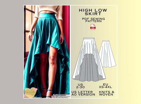 Hi-Low Skirt Sewing Pattern, Full Length PDF Sewing Pattern Instant Download, Skirt Easy Digital Pdf, US 2-30, Eu Xs-4Xl, Plus Size Pattern -This product is hi low skirt PDF pattern.  -After purchase, you will receive the product's documents via e-mail. It will be Zipped File. Open and download the file to your computer and 'Extract All'  -Find your size and sew it! When you purchase this pattern, you will receive a digital (pdf) sewing pattern and instructions. Once your payment processes, you Stylish Sewing Patterns, Plus Size Sewing Patterns, Hi Low Skirts, Skirt Sewing Pattern, Plus Size Patterns, Plus Size Sewing, Skirt Sewing, Dress Patterns Free, Womens Clothing Patterns