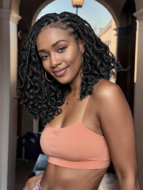 Styles With Box Braids Hairstyles, Short Braid Extensions Black Women, Hairstyles For Medium Length Hair Black Braids, Box Braids Bride, Wavy Box Braids Black Women, Bob Box Braids With Curly Ends, Curly Short Braids, Curly Bob Braids, Box Braid Curly Ends