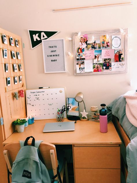 #college #dorm #vsco Desk In Dorm Room, Desk College Ideas, Realistic College Dorm Room Ideas, Cute Dorm Desk Ideas, College Dorm Room Ideas Desk Under Bed, College Desk Organization Dorm, College Underbed Storage Ideas, Dorm Room Ideas Photo Wall, Boarding School Dorm Decor