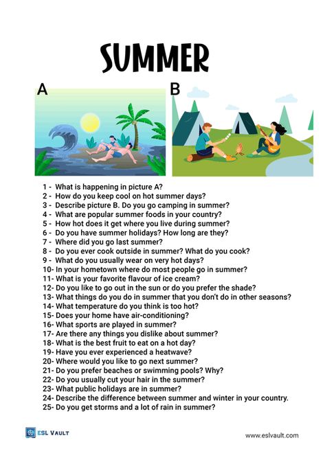 summer conversation questions Summer English Worksheet, Summer Holidays Worksheet, Questions Image, Summer Questions, Improve English Writing, Speaking Topics, Question Prompts, Speaking Activities Esl, Hello English