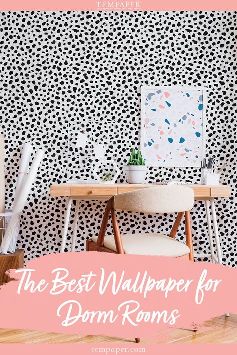 The best wallpaper for dorm rooms, black and white speckled dot wallpaper in a dorm room behind a desk Wallpaper For Dorm Rooms, Peel And Stick Wallpaper Dorm Room, College Dorm Wallpaper, Black And White Dorm Room Ideas, Dorm Wallpaper, White Dorm Room, College Dorm Room Ideas, Cool Dorm Rooms, Dorm Room Designs