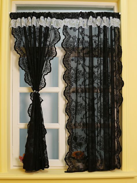 Black  Collar  Polyester Floral  Embellished   Home Decor Goth Bedroom, Dark Home Decor, Goth Home, Goth Home Decor, Dark Home, Black Room, Black Curtains, Gothic Decor, Gothic Home Decor