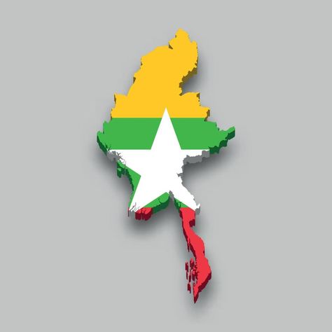 3d isometric Map of Myanmar with national flag. Myanmar Flag, Isometric Map, Myanmar Art, 3d Isometric, Dark Black Wallpaper, Aesthetic Letters, Troll Face, Photo To Cartoon, Flag Vector