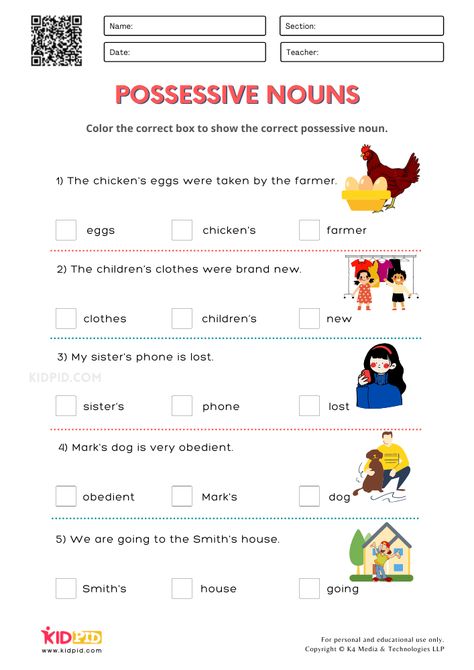 Possessive Nouns Worksheet, Free English Worksheets, Worksheets For Grade 1, Possessive Nouns, Coloring Worksheet, Nouns Worksheet, Grammar Activities, Free Worksheets, 1st Grade Worksheets