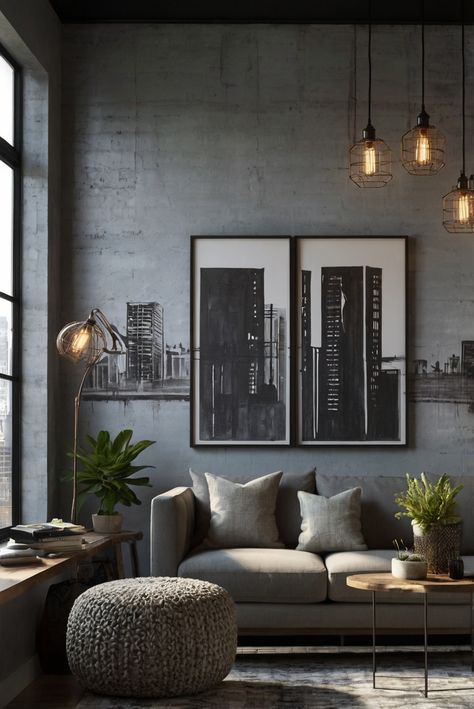 Urban Chic Interior Design, Sherwin Williams Cityscape, Urban Living Room Ideas, Bachelor Apartment Ideas, Loft Living Room Design, Bachelor's Pad, Urban Chic Style, City Apartment Decor, Modern Industrial Living Room