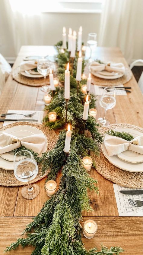 faith.and.farmhouse on Instagram: Hello friends! If you’re new here and gave me a follow after seeing my Christmas home tour on @livingitcountrychannel, thank you and… Christmas Table Greenery, Rectangle Dining Table Decor, Sage Christmas, Christmas Place Settings, Christmas Dining Table, Christmas Place, Pine Garland, Womens Christmas, Burlap Table Runners