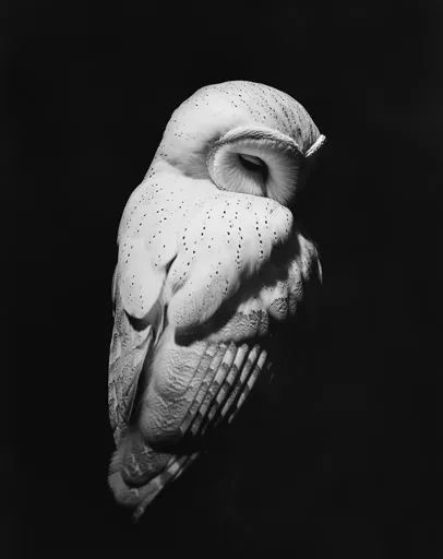 ↑↑↑ Larger size on website 🔸 The image is a black and white photograph of a snowy owl. The owl is facing away from the camera, wi Black And White Owl Art, White Owl Aesthetic, White Owl Photography, Owl Black And White, Owl Aesthetic, Sketch Plan, High Contrast Photography, White Owls, Owl In Flight