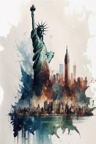 size: 18x12in Art Print: New York Skyline by Lana Kristiansen : Viking Tattoo Symbol, Watercolor Skyline, Watercolor City, Travel Journals, Skyline Art, Watercolor Artists, New York Art, Watercolor Inspiration, Art Inspiration Painting