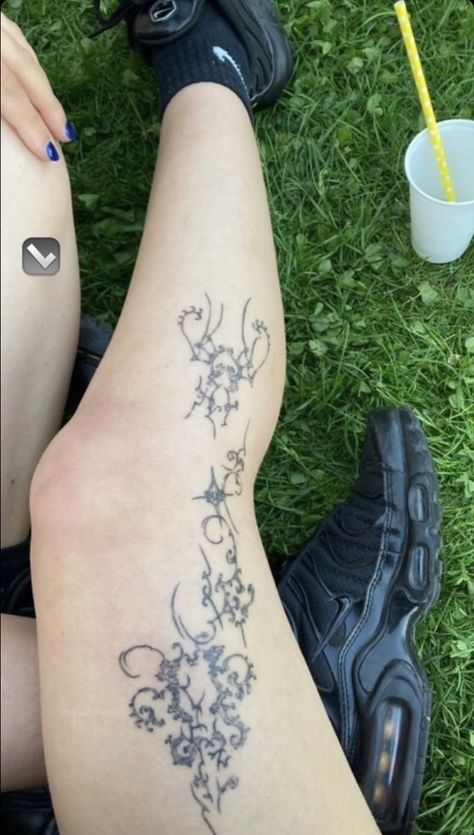 Lower Knee Tattoos Women, Symmetrical Thigh Tattoos, Lower Knee Tattoo, Knee Frame Tattoo, Under Knee Tattoo, Leg Tattoo Placements, Tattoos Thigh, Lower Leg Tattoos, Shin Tattoo