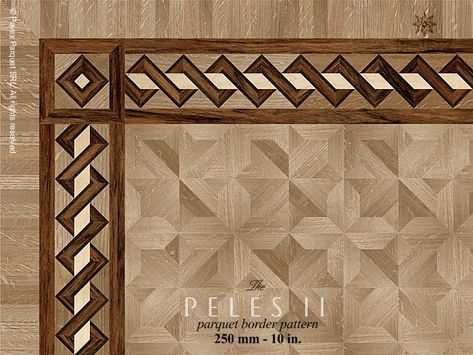 The PELES II hardwood border pattern Wooden Border Design, Hardwood Inlay Floor Design, Floor Inlay Design Patterns, Wood Floor Inlay Border, Parquet Flooring With Border, Wood Floor Brass Inlay, Marble Flooring Design, Wood Floor Design, Wooden Main Door