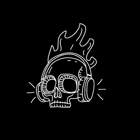 Skull With Headphones Drawing, Line Art Skull Tattoo, Skeleton With Headphones Tattoo, Skull With Headphones Tattoo, Drawing With Headphones, Headphones Tattoo Design, With Headphones Aesthetic, Skeleton With Headphones, Skull Wearing Headphones