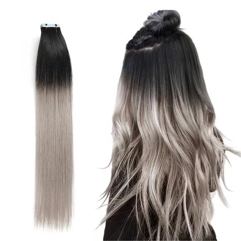 Silver Hair Extensions, Grey Hair Extensions, Grey Ombre Hair, Brazilian Human Hair Extensions, Fine Thick Hair, Black Roots, Hair Tape, Black Ombre, Grey Hair Color