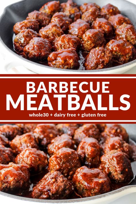 These Barbecue Meatballs are delicious and tangy thanks to an easy homemade barbecue sauce that contains no added sugar! Paleo Bbq Meatballs, Turkey Meatballs Bbq Sauce, Meatballs In Barbecue Sauce, Keto Bbq Meatballs, Gluten Free Bbq Meatballs, Bbq Meatball Sauce, Healthy Bbq Meatballs, Healthy Sauce For Meatballs, Turkey Meatballs Bbq