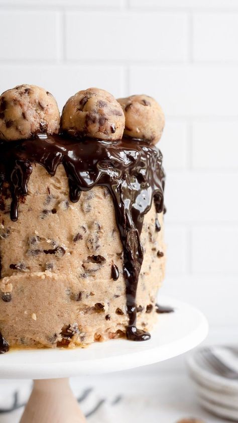 This layer cake uses cookie dough to its full delicious potential. From cookie dough frosting to cookie dough truffles this cake is like a childhood dream come true! Cookie Dough Cake Recipe, Cake With Cookie Dough, Cookie Dough Frosting, Cookie Dough Cake, Cookie Dough Truffles, Childhood Dream, Desserts To Make, Baking Sweets, Cake Flavors