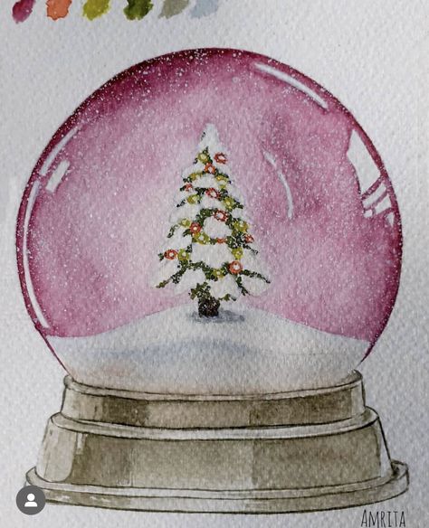 Watercolour Snow Globe, Watercolor Snowglobe, Snowglobe Watercolor, Watercolor Snow Globe, Snow Globe Watercolor, Snowglobe Painting, How To Paint Christmas Trees, Snowman Watercolor, Snow Globe Art