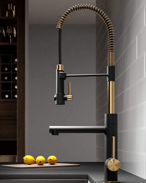 15 Best Kitchen Faucets to Buy In 2022 Gold And Black Faucet Kitchen, Modern Gold Kitchen, Industrial Kitchen Faucet, Vancouver Condo, Touch Kitchen Faucet, Black Stainless Steel Kitchen, Gold Kitchen Faucet, Best Kitchen Faucets, Touchless Kitchen Faucet