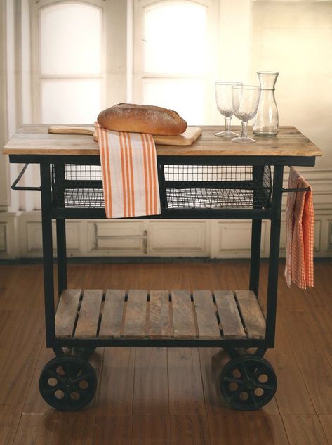 I want one! Industrial Decor Kitchen, Kitchen Carts, Industrial Kitchen Island, Kitchen Island On Wheels, Rolling Kitchen Island, Industrial Style Kitchen, Kitchen Trolley, Kitchen Island Cart, Vintage Industrial Decor