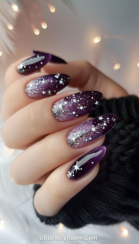 Featuring a gradient from light purple to dark plum, these nails are adorned with silver glitter and star decals. The blend of soft and dark hues, combined with the sparkling accents, creates a mesmerizing and elegant look. Celestial Nail Art Starry Nights, Night Sky Nails, Stars Nail Art, Celestial Nails, Classy Nail Art Ideas, Birthday Nail Designs, Celestial Magic, Sky Nails, Galaxy Nails