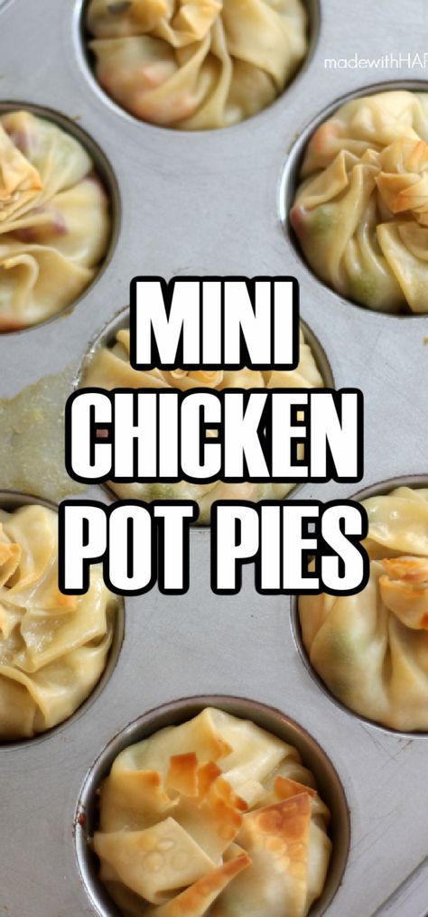 Recipes Using Wonton Wrappers Dinners, Mini Chicken Pot Pies Puff Pastry, Recipes Using Wonton Wrappers, Mini Chicken Pot Pie Recipe, Chicken Pot Pie Cupcakes, Wrapper Recipes, Philo Dough, Wonton Wrapper Recipes, Fall Appetizers Easy