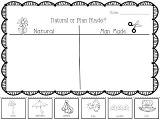 Save the Earth! Natural And Manmade Things Worksheet, Natural Vs Manmade Resources, Natural Resources Activities, Earth Materials, Kindergarten Social Studies, 1st Grade Science, First Grade Science, Primary Science, Natural Resource