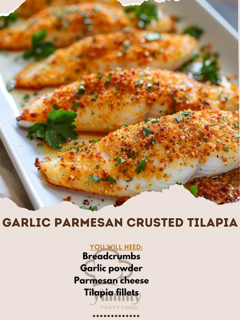 🧀 Crispy and delicious Garlic Parmesan Crusted Tilapia! #SeafoodLovers #EasyDinner Garlic Parmesan Crusted Tilapia Ingredients: Tilapia fillets (4) Parmesan cheese, grated (1/2 cup) Breadcrumbs (1/2 cup) Garlic powder (1 tsp) Paprika (1/2 tsp) Salt (1/2 tsp) Black pepper (1/4 tsp) Olive oil (2 tbsp) Instructions: Preheat oven to 400°F (200°C). In a bowl, mix Parmesan cheese, breadcrumbs, garlic powder, paprika, salt, and pepper. Brush tilapia fillets with olive oil, then coat with the bre... Parmesan Crusted Tilapia, Crusted Tilapia, Parmesan Crusted, Garlic Parmesan, Fish Dishes, Parmesan Cheese, Bread Crumbs, A Bowl, Black Pepper