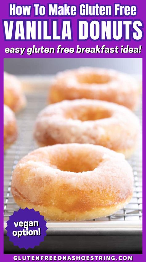 a row of vanilla donuts with a thin glaze on each laying on a cooling rack Gluten Free Baked Donut Recipe, Best Gluten Free Breakfast, Easy Gluten Free Breakfast, Gluten Free Donuts Baked, Donuts Glazed, Dairy Free Donuts, Gluten Free Donut Recipe, Gluten Free Vanilla Cake, Cake Donuts Recipe