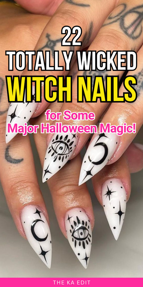 witch nails, witch nail designs, witch nails halloween. Witchy Nails Black And White, Ouija Nail Designs, Witch Nail Designs Halloween, Witch Doctor Nails, Almond Shaped Nails Designs Halloween, Almond Halloween Nail Designs Simple, Birthday Nails Sag, Freehand Nail Designs, Halloween Nails Witches