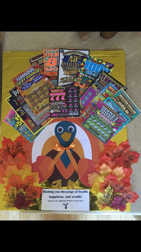 Cheerleading raffle lottery ticket idea thanksgiving turkey Thanksgiving Raffle Ideas, Halloween Lottery Ticket Basket, Fall Lottery Ticket Basket, Scratch Ticket Tree, Big Ticket Raffle Prize Ideas, Turkey Ticket, Scratcher Gift Ideas Lottery Tickets, Lottery Ticket Tree, Raffle Basket Ideas