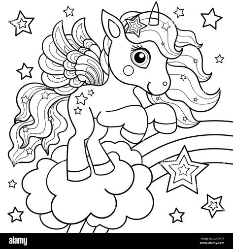 Esegui il download di questo vettoriale stock: Carino unicorno su un arcobaleno con stelle. Illustrazione dei bambini in bianco e nero. Per la progettazione di libri da colorare, cartoline, stampe, poster, tatuaggi. - 2CCRR7X dalla libreria Alamy di milioni di fotografie, illustrazioni e vettoriali stock ad alta risoluzione. Unicorn Games, Unicorn Printables, Unicorn Pictures, Butterfly Printable, Color Pages, Unicorn Coloring Pages, Easy Coloring Pages, Mandala Coloring Pages, Cute Coloring Pages