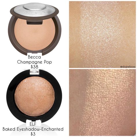 @dupeboss on Instagram: “DUPE PROOF 👉🏻 We found an alternative to the talked about @beccacosmetics CHAMPAGNE POP 🥂 highlighter ($38). @elfcosmetics has a BAKED…” Champagne Pop Highlighter, Baked Eyeshadow, Champagne Pop, Highlighter, Enchanted, Beauty Hacks, Champagne, Blush, Shades