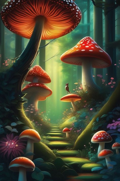 #AI #art #mushroom Mushroom Forest Drawing, Mushroom Forest Painting, Mushroom Fantasy Art, Fantasy Mushroom Forest, Magic Mushroom Art, Forest Themes, Giant Painting, Mushroom Village, Mushrooms Art