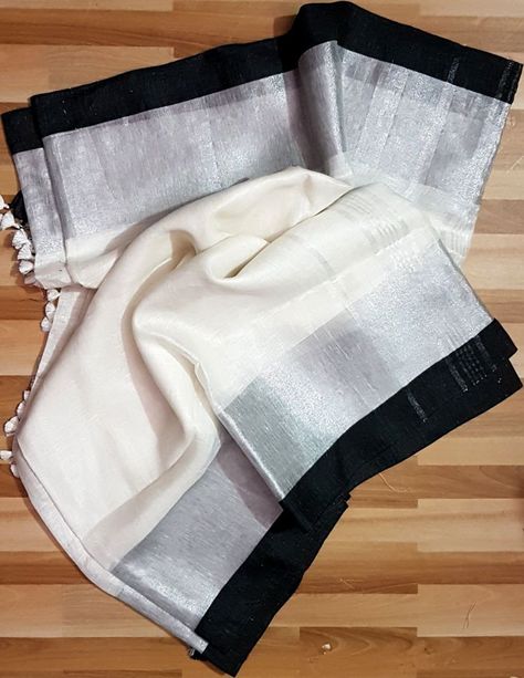 Bhagalpuri Linen Saree with Silver Border Linen Sari with | Etsy Kerala Saree With Black Blouse, Saree With Black Blouse, White Linen Saree, Lenin Sarees, Saree Draping Styles, Indian Sari Dress, Kerala Saree, Linen Sarees, Indian Saree Blouse